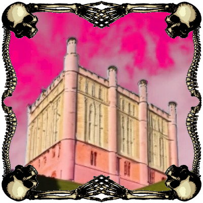 image of a pink and yellow penitentiary against a cloudy hot pink background in a decorative frame of skulls and bones