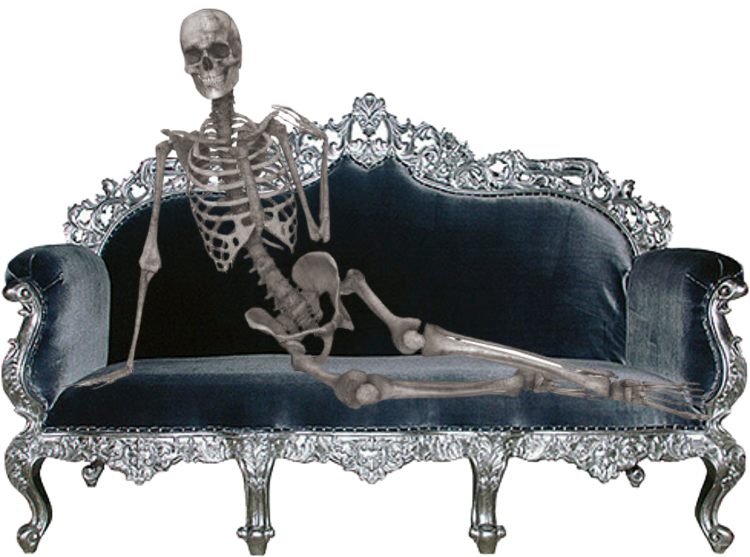 gray skeleton sitting seductively on a black velvet couch